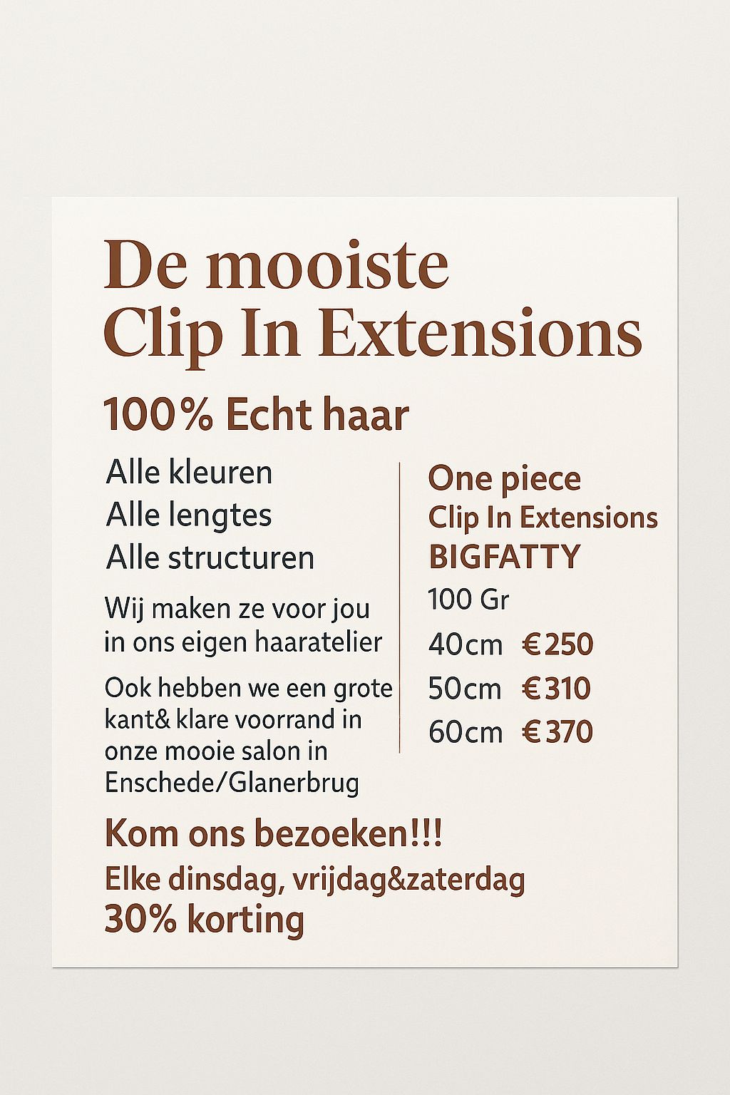 Prijslijst Clip-in extensions one piece